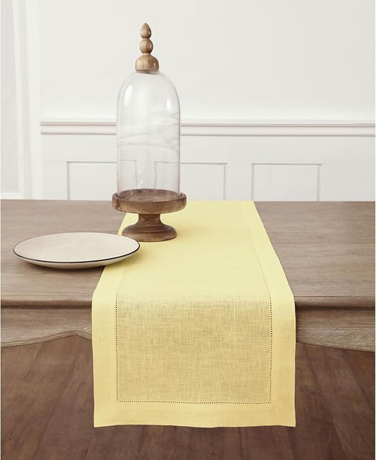 Solino Home Linen Yellow Table Runner 120 Inches Long - 100% Pure Linen Hemstitch 14 x 120 Inch Table Runner for Dining - Classic Hemstitch