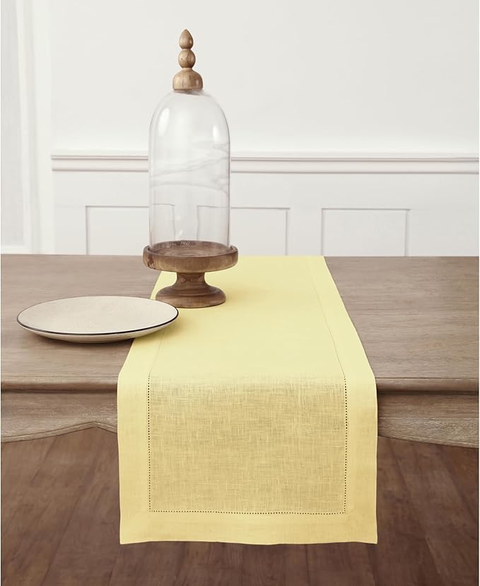 Solino Home Linen Yellow Table Runner 156 Inches Long - 100% Pure Linen Extra Long Table Runner 14 x 156 Inch - Classic Hemstitch