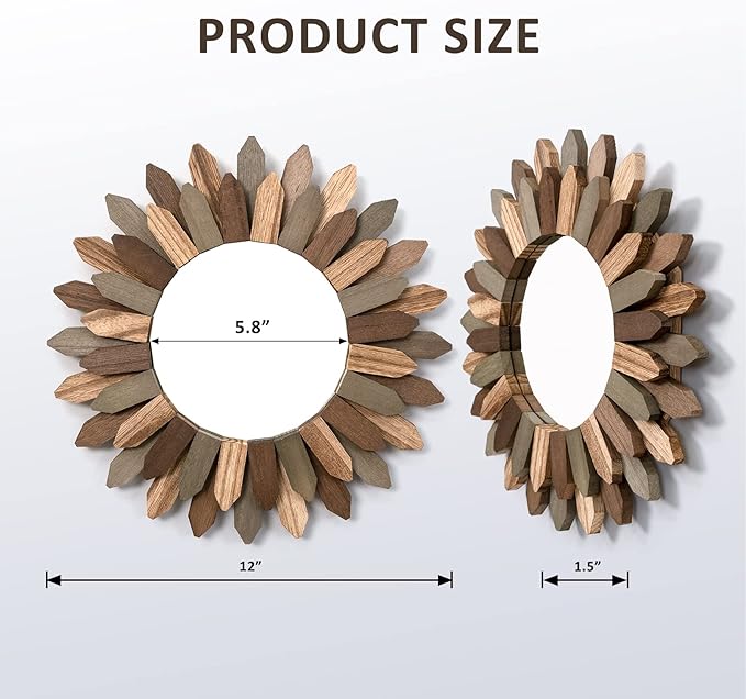 Honiway Boho Wall Decor Mirror 2 Pack 12 inch Rustic Wood Decorative Mirror for Room Decor Rustic Farmhouse Wall Decor for Bedroom Bathroom Living Room Entryway Tril Color