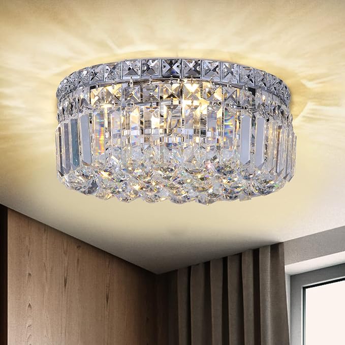4-Light Crystal Flush Mount Chandelier Light Fixture with K9 Crystals Modern Ceiling Lights Elegant Pendant Lamp for Bedroom,Hallway,Bar,Living Room,Dining Room,H5.9 xW13.7(Bulbs Not Included)