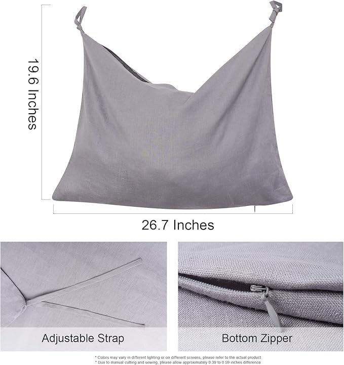 Hanging Linen Laundry Bag, 100% Pure Flax Linen Over The Door Hamper with Bottom Zipper for Laundry Room, Household Dirty Cloth Storage Organizer Bag, Gray