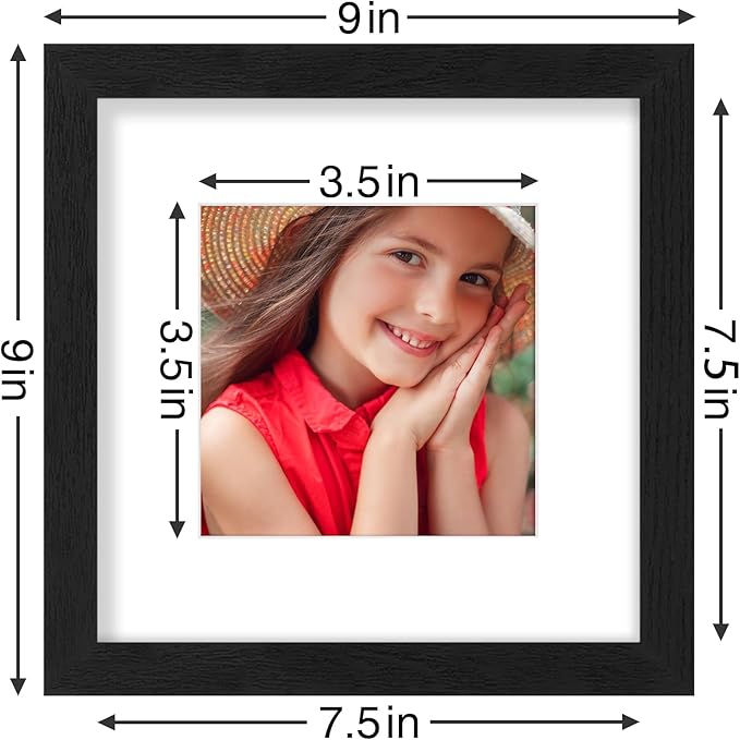 Vittanly 8x8 Picture Frames Set of 9, Shatter Resistant Plexiglass, Display 4x4 Pictures with Mat or 8x8 without Mat, Photo Frames for Wall Mount, Engineered Wood, Black
