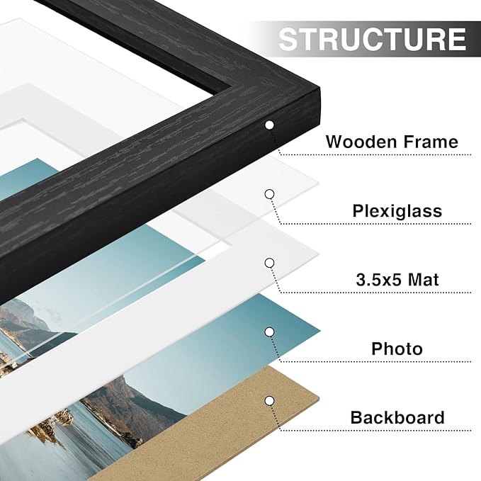 Vittanly 4x6 Picture Frames Set of 9, Shatter Resistant Plexiglass, Display 3.5x5 Pictures with Mat or 4x6 without Mat, Photo Frames for Wall or Tabletop, Engineered Wood, Black