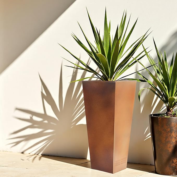 Worth Garden 28" H. Large Metal Planter Set of 2, Classic Matte Bronze Retro Finish Tall Square Tapered Steel Flower Plant Pots for Indoor & Outdoor Use - Insert Plate with Drain Holes, Air Vents