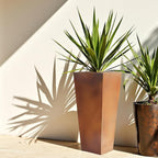 Worth Garden 28" H. Large Metal Planter Set of 2, Classic Matte Bronze Retro Finish Tall Square Tapered Steel Flower Plant Pots for Indoor & Outdoor Use - Insert Plate with Drain Holes, Air Vents