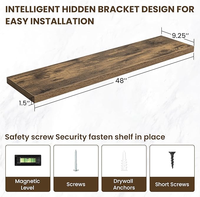 48 Inch Floating Shelves, 48"x9.25"x1.5" Inch Deep Floating Shelves for Wall, Wooden Shelves for Bathroom, Bedroom, Living Room, Brown