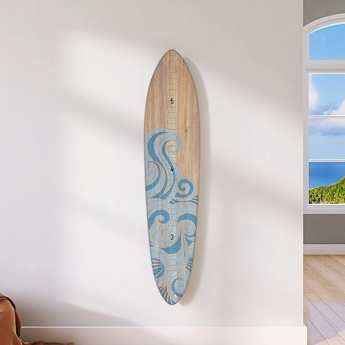 Wooden Surfboard Wall Decor Growth Chart - Surf Board Wall Decor for Kids Room, Wooden Growth Chart for Wall, Surfboard Wall Art, Surfboards for Decoration - Blue Wave (9.5"x 45")