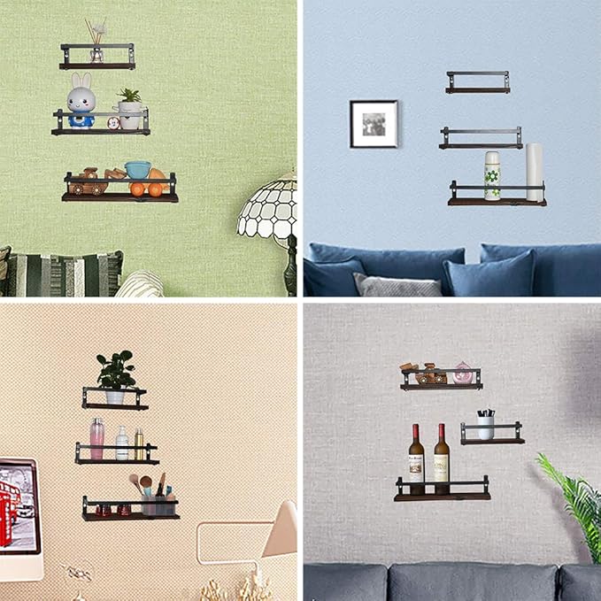 Floating Shelves Rustic Wood Wall Mounted Shelf Practical Metal Fence Design Ideal for Bedroom, Bathroom, Kitchen Set of 3(Brown)