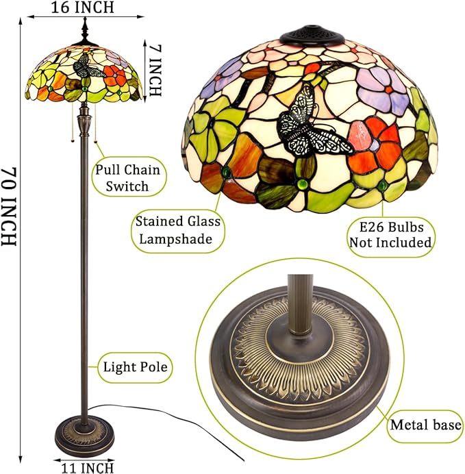 Tiffany Floor Lamp Stained Glass Lamp Standing Reading Light 16x16x70 Inch for Living Room (Butterfly Flowers)