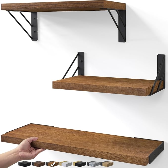 BAYKA Floating Shelves for Wall, Book Shelf for Bedroom, Wall Decor Shelves for Living Room Kitchen, Mounted Wood Floating Shelf for Home Decor, Corner Shelf for Bathroom, Office(Set of 3)