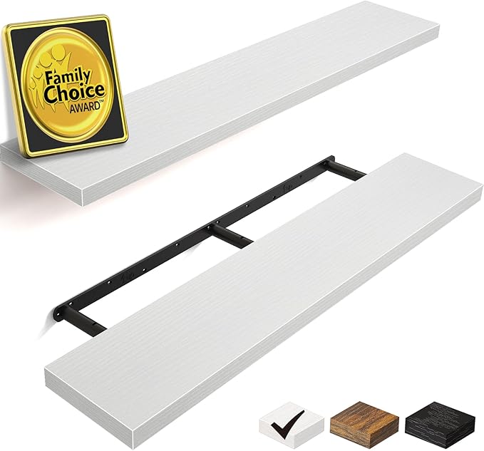 BAYKA Floating Shelves for Wall, 36 inches Long Wall Mounted Rustic Wood Shelves for Bathroom, Bedroom, Living Room, Kitchen, Office, Hanging Shelf for Books/Storage/Decor(White,Set of 2)