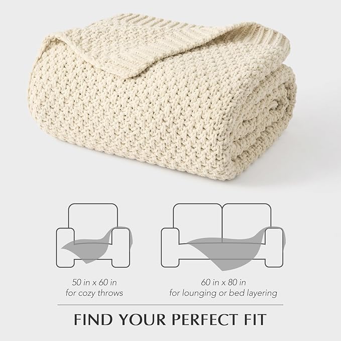 Chunky Chenille Knit Throw Blanket for Couch, Soft Luxurious Moss Stitch Blankets for Bed, Cozy Decorative Farmhouse Knitted Throws for Sofa, Beige, 60" x 80"