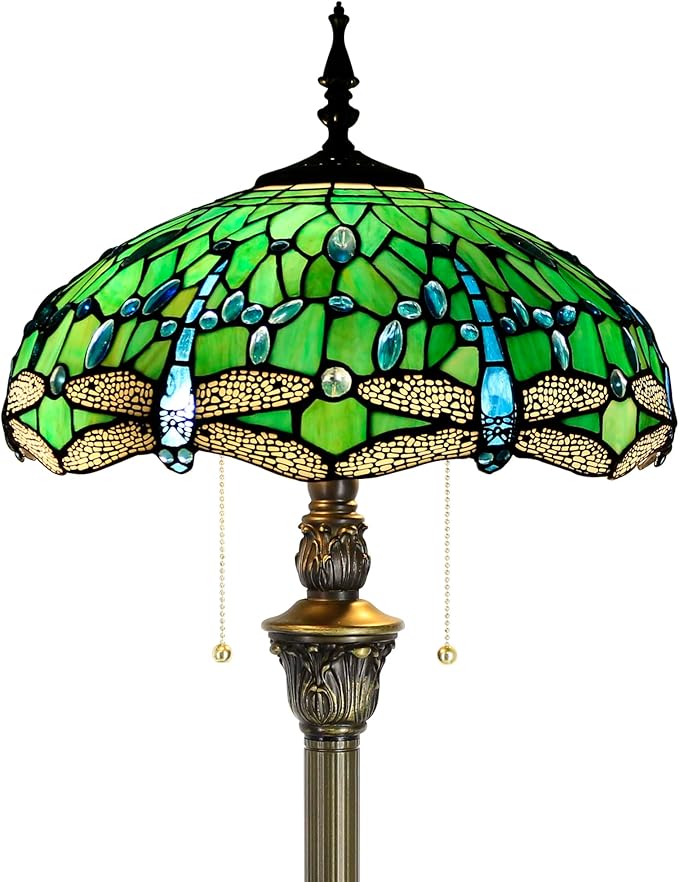Tiffany Floor Lamp Stained Glass Lamp Standing Reading Light 16x16x70 Inch for Living Room (Green Dragonfly)