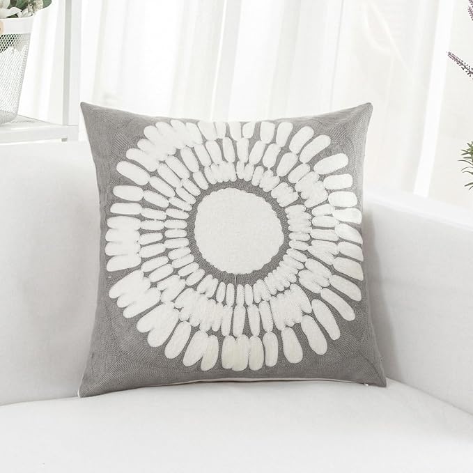 HWY 50 Grey Gray Decorative Throw Pillow Covers 18x18 Inch (1 Piece), Modern Embroidered Cotton Farmhouse Cushion Cover Pillow Case for Couch Living Room Bed Sofa, Sunflower