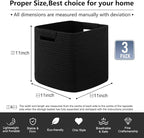 OIAHOMY Storage Cubes 11 Inch Storage Bins-3-Pack, Cotton Rope Woven Baskets for Organizing, Square Storage Baskets for Shelves Organizer, Classroom, Kids Toy Bins, Closet, Baby Nursery-Black