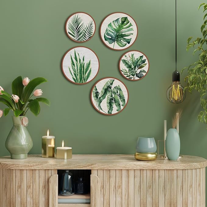 Qunclay 5 Pcs Wall Art Decor Wooden Living Room Wall Decor Bohemian Hanging Farmhouse Geometric 10'' and 8'' Aesthetic Wood Minimalist Posters for Bedroom(Leaves)