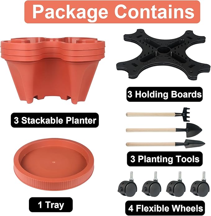 Vertical Planter 3 Tier Stackable Planters Garden Planters Strawberry Herb Flower and Vegetable Planter Indoor Outdoor Gardening Pots with Removable Wheels and Tools