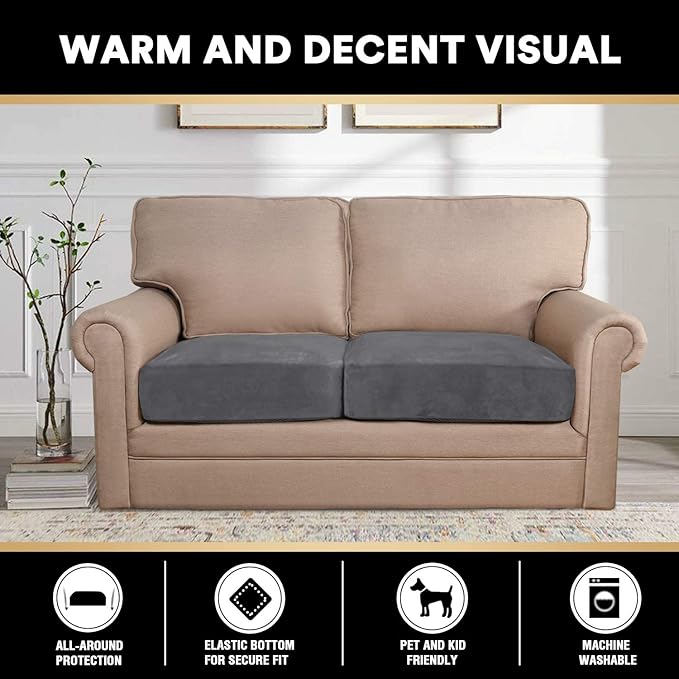 PrinceDeco Velvet Couch Cushion Cover Soft Stretch Cushion Slipcover for Chair Loveseat Sofa Cushion Furniture Protector Seat Cushion Sofa Cover (2 Piece Large Sofa Cushion Covers, Grey)