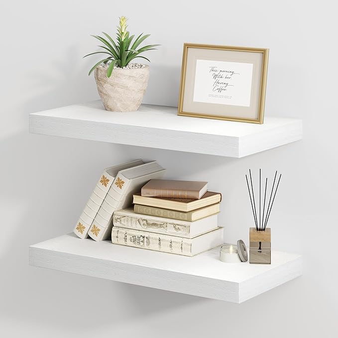 Fun Memories White Floating Shelves 16 Inch Long, 8 Deep Floating Shelf Wall Mounted, 16 x 8 Inch Wooden Bathroom Shelves, Deep Storage Shelves for Living Room, Kitchen, Set of 2