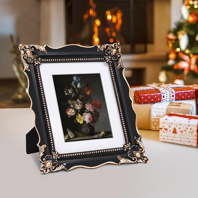 8x10 Vintage Picture Frame with Embossed Flower Design, Black Ornate Frame for 8x10 or 5x7 Pictures with White Mat, Hand-Crafted Resin Antique Frames for Tabletop & Wall Hanging, Home Decor (Black)