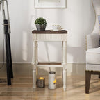 Rustic Farmhouse Cottagecore Accent End Table Set of 2, Distressed Accent Side Table with Espresso Tray Top and Woven Wicker Shelf, Boho, French Country Decor, Square, Weathered Brown & White