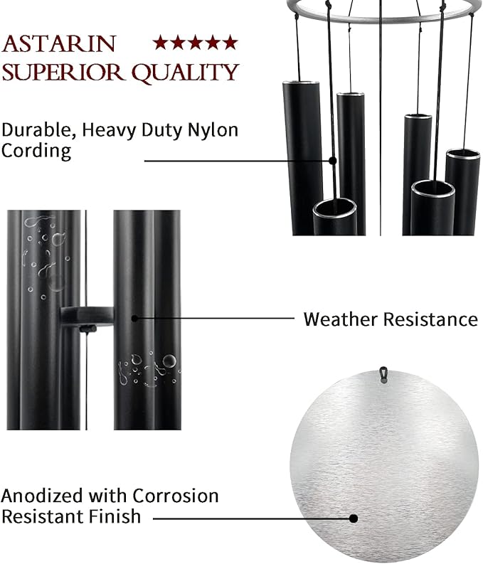 ASTARIN Outdoor Deep Tone,45Inch Sympathy Wind Chimes for Outside with 6 Tubes Tuned Relaxing Melody,Memorial Wind Chimes Large for Mom,Garden Decor,Black