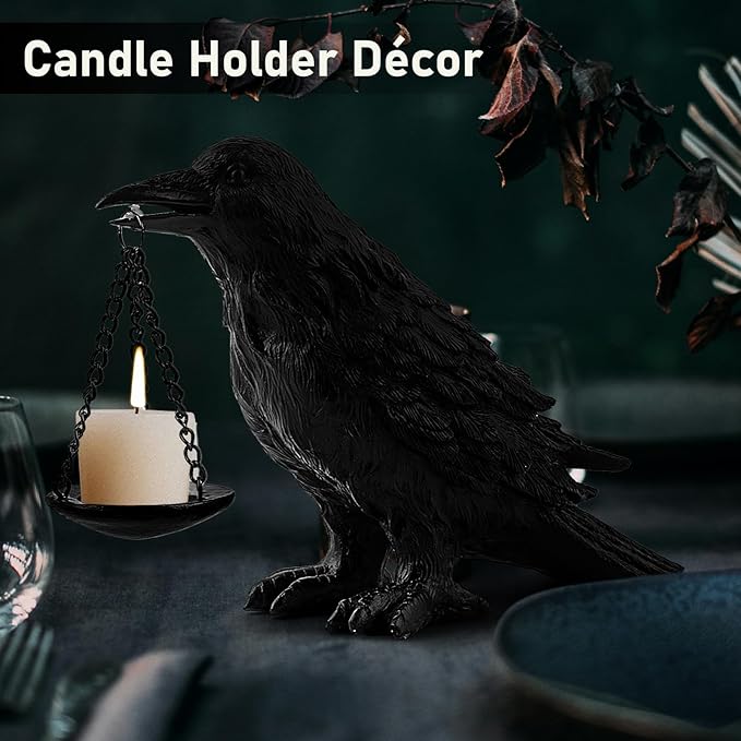 Gothic Home Decor Fake Crow Light Holder Halloween Decorations Indoor Raven Lamp Tealight Candle Holder Resin Statue Black