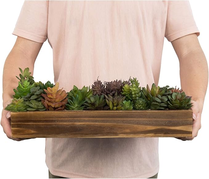 MyGift Artificial Succulent Centerpiece, 15.75 Inch Faux Succulents Arrangement Plants in Rustic Burnt Wood Rectangular Planter Box