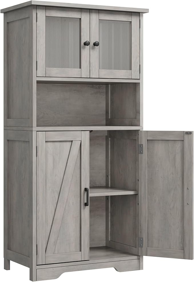 GarveeHome 54in Tall Bathroom Cabinet, Farmhouse Storage Cabinet with Glass Doors and Adjustable Shelves, Freestanding Kitchen Pantry Cabinets, Cupboard for Living Room, Dining Room, Gray