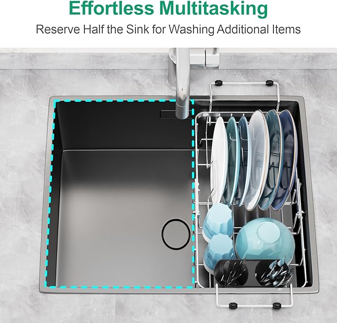 GSlife Expandable in Sink Dish Drying Rack Small with Silicone Mat - Stainless Steel Capacity Adjustable Over The Sink Dish Rack with Utensil Holder for Counter or Inside Sink (12.4" -16.8"), Silver