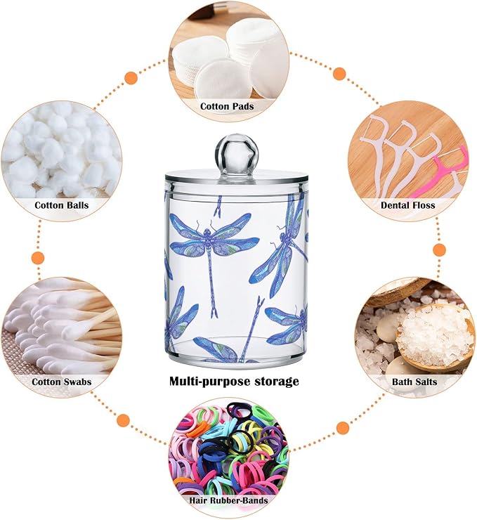 2 Pack Qtip Holder Organizer Dispenser Dragonflies Bathroom Storage Canister Cotton Ball Holder Container for Cotton Swabs/Pads/Floss