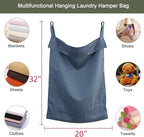 Linen Hanging Laundry Bag, 100% Linen Over The Door Laundry Hamper with Buttons and Zipper, Space Saving Door Hampers for Laundry Dirty Clothes Home Travel, Navy Blue