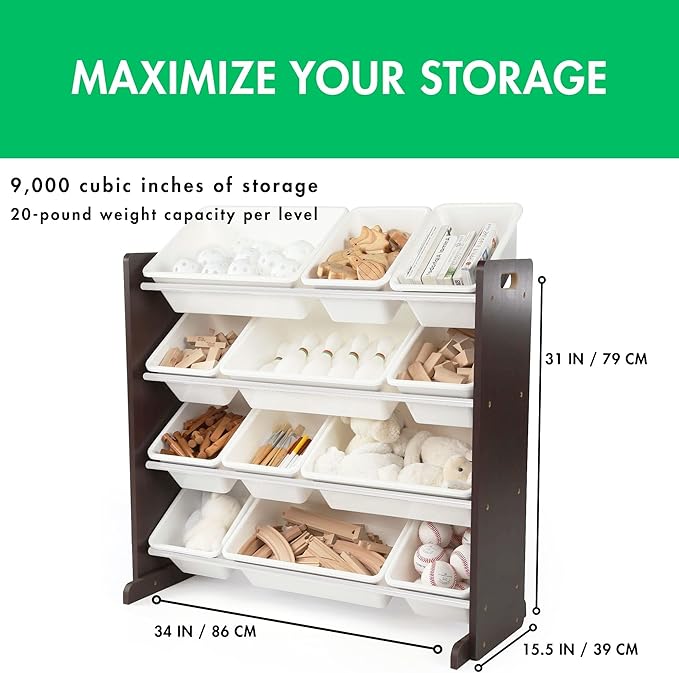 Humble Crew Kids Toy Storage Organizer with 12 Plastic Bins, Espresso/White – Removable Bins for Playroom, Bedroom, Toddler Furniture for Boys and Girls Ages