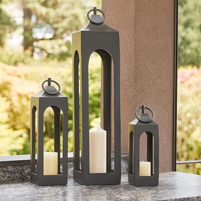 Medium Black Lantern, Rustic Metal Decorative Lantern, Candle Holder for Indoor & Outdoor, Home Decor for Patio, Garden & Tabletop, Hanging Lantern for Parties & Weddings