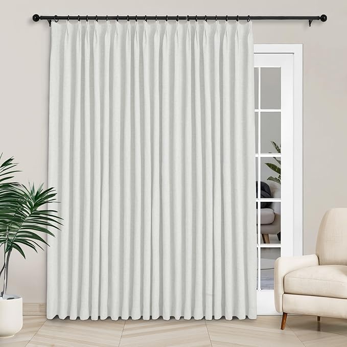 Macochico 120”Wx102”L 100% Blackout Linen Curtains Pinch Pleated Thermal Panels for Sliding Door Bedroom Living Room Farmhouse Shabby Chic Greyish White Burlap Curtains with Tieback 1 Panel