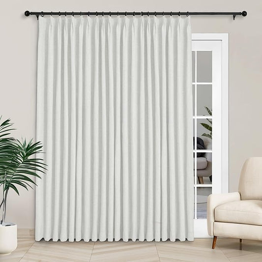 Macochico 120”Wx102”L 100% Blackout Linen Curtains Pinch Pleated Thermal Panels for Sliding Door Bedroom Living Room Farmhouse Shabby Chic Greyish White Burlap Curtains with Tieback 1 Panel