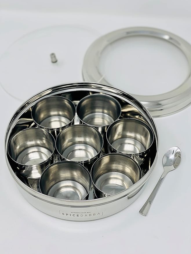 spice dabba Stainless Steel Indian Spice Box, Steel Masala Dabba, Double Lid Spice Container | Gift for Chefs | Size 8x8x2 In (Spice Box Only)
