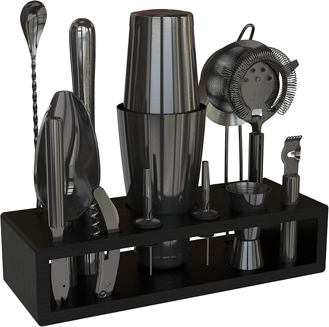 Highball & Chaser 13-Piece Gunmetal Black Stainless Steel Boston Cocktail Shaker Bar Tool Set with Mixology Bartender Kit Accessories