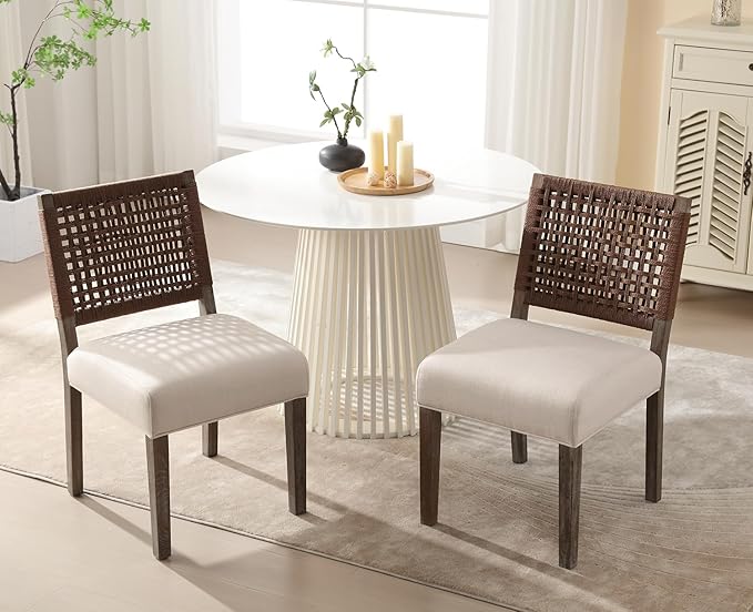 Kmax Farmhouse Dining Chairs Set of 2, Rustic Kitchen Chairs with Linen Fabric Seat and Woven Back, Vintage Accent Chairs for Dining Room, Living Room, Beige