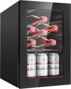 6 Bottles and 6 Cans Compact Beverage Refrigerator, Freestanding Mini Fridge with Temperature Control for Beer Wine, Under Counter Small Refrigerator Adjustable Shelve & Glass Door for Home and Bar