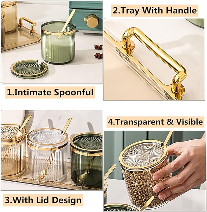 Acrylic Condiment Spice Jars,Condiment Spice Box With Lids and Spoons and Tray,Clear Plastic Sugar Salt Canisters,Seasoning Box 4 Pack,Seasoning Box Set for Kitchen to Storage Salt,Paprika,Sugar