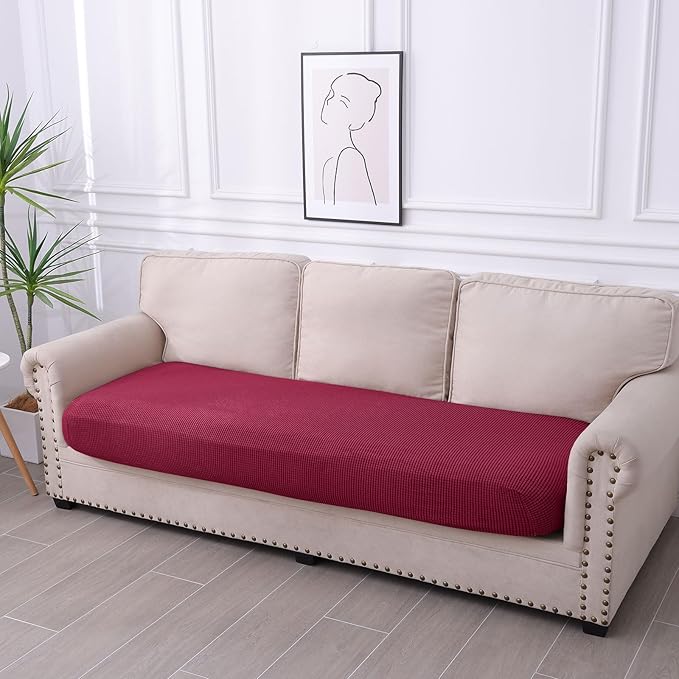 hyha Waterproof Couch Cushion Covers for Pets, Non Slip Sofa Seat Cover for Dogs Washable, Soft Thick Stretch Jacquard Fabric, Sofa Slipcovers with Elastic Bottom (1 Piece for Large, Wine Red)