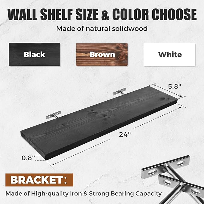 Floating Wall Shelves 2-Pack - 24-Inch Rustic Black Wooden Shelves for Storage and Décor, Easy Installation for Living Room, Bedroom, and Kitchen