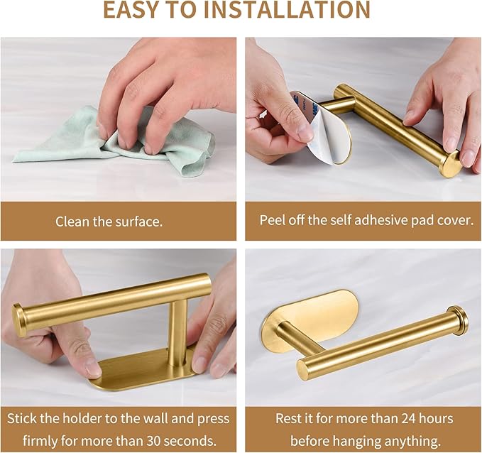 Toilet Paper Holder,Gold,Wall Mount, Upgraded Adhesive Toilet Roll Holder,no Drilling,Bathroom/Rv/Washroom,SUS 304 Stainless Steel,Rustproof (Gold, 1 Piece)