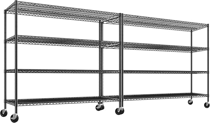 REIBII 60" W ×24" D×65.3" H, 4 Tier Wire Shelving 2878LBS Heavy Duty Steel Storage Rack Shelving Adjustable Shelves for Warehouses, Garages, Kitchens, and Commercial Spaces/Premium Wheels 2 Pack