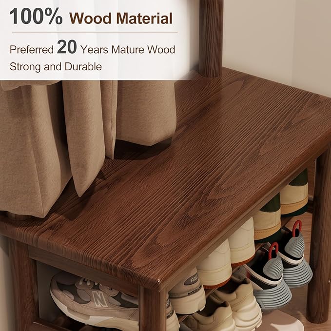 Hall Tree, Coat Rack with Shoe Storage, Wooden Hall Tree with Bench, 11 Hooks and 2-Tier Storage Shelves, Entryway Bench with Coat Rack (23.6" - Deep Walnut)