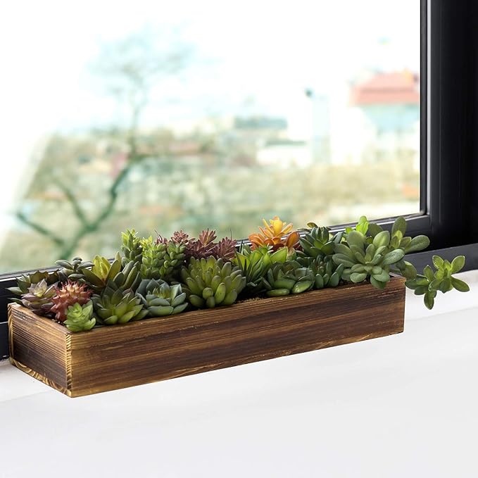 MyGift Artificial Succulent Centerpiece, 15.75 Inch Faux Succulents Arrangement Plants in Rustic Burnt Wood Rectangular Planter Box