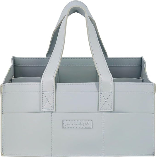 Premium Vegan Leather Baby Diaper Caddy Organizer – Portable Storage Basket for Newborn Essentials, Changing Table, Nursery, Car & Travel, Gifts for Baby Shower (Pastel Seafoam)