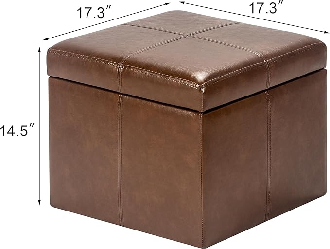 Adeco Storage Ottoman Foot Rest Stool, Leather Ottoman Footstool with Hinged Lid, 17" Small Foot Stool Bench for Living Room, Bedroom
