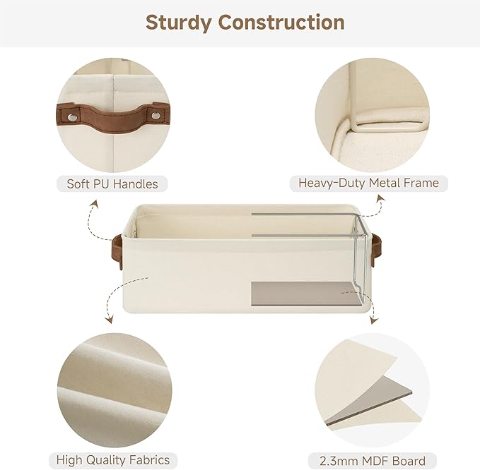 StorageWorks Narrow Storage Bins, Small Basket for Closet and Shelves, Fabric Organizer with Handles, Toilet Paper Storage, Natural Color, 2-Pack
